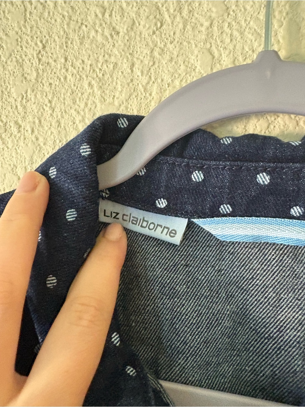 Womens Liz Claiborne Dark Denim Jacket Polka Dot Button-Up Size Large - Picture 8 of 8